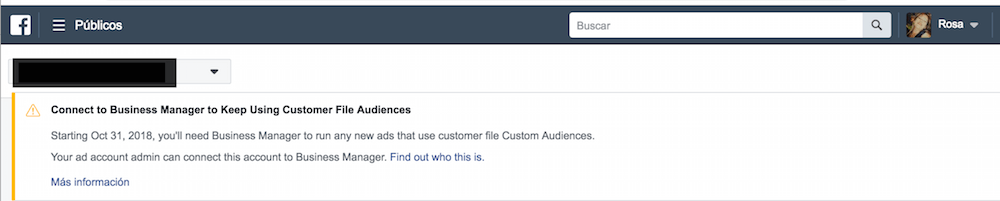 mensaje en el ads manager sobre los públicos personalizados