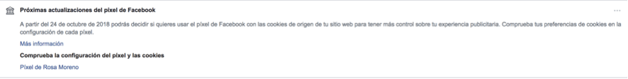 mensaje de facebook por la actualización del pixel