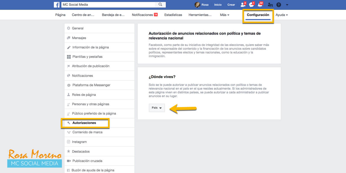 campañas publicitarias facebook para partidos politicos lideres politicos menu configuracion seccion autorizaciones escoger pais