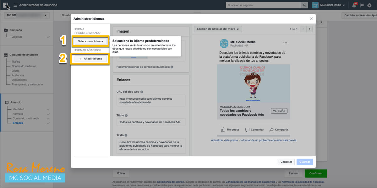 como crear anuncio publicitario facebook varios idiomas campañas facebook ads administrar idiomas creacion anuncio