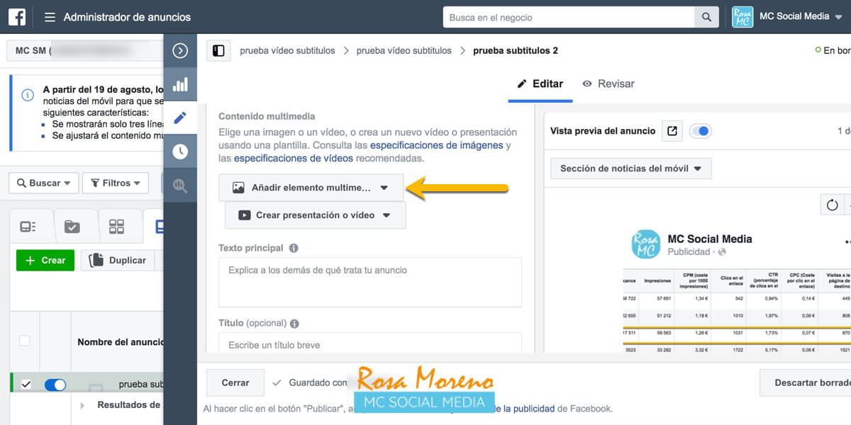 como poner subtitulos videos subidos facebook administrador anuncios facebook nivel anuncio formato video contenido multimedia video