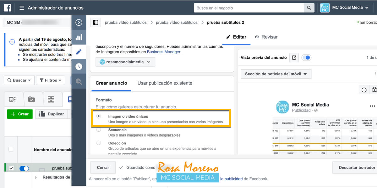 como poner subtitulos videos subidos facebook administrador anuncios facebook nivel anuncio seleccion imagen video unico