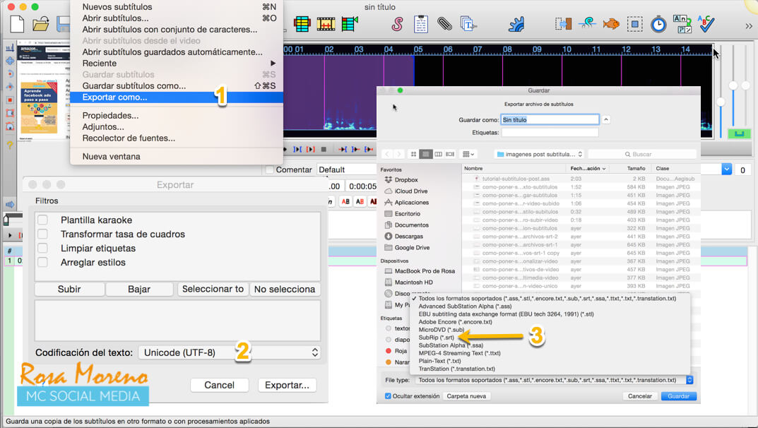 como poner subtitulos videos subidos facebook aegisub programa exportar como texto unicode formato subrip