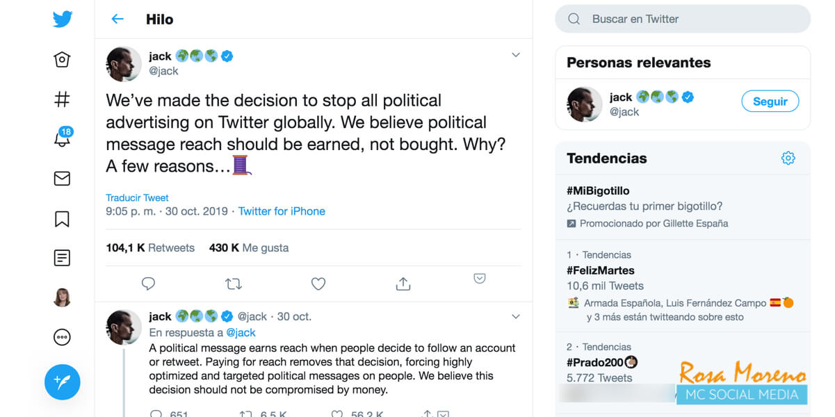 twitter prohibe la publicidad política tuit jack dorsey ceo twitter