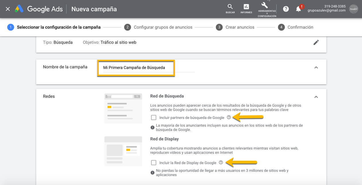 como hacer publicidad en google ads nombre campaña seleccion red busqueda google ads
