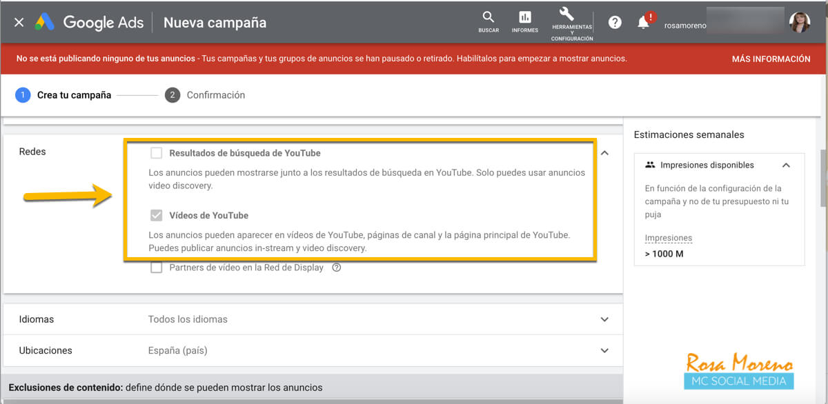 como hacer publicidad en youtube ads campaña youtube ads seleccionar redes video youtube